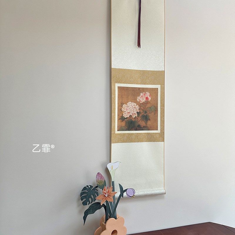 桔子格调红白芙蓉图茶室法式中式挂画挂轴卷轴书房客厅装饰画