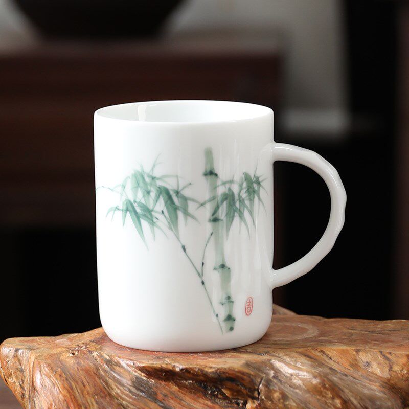 白玉瓷手绘陶瓷茶杯办公杯会议个人水杯马克杯直桶杯中式梅兰竹菊