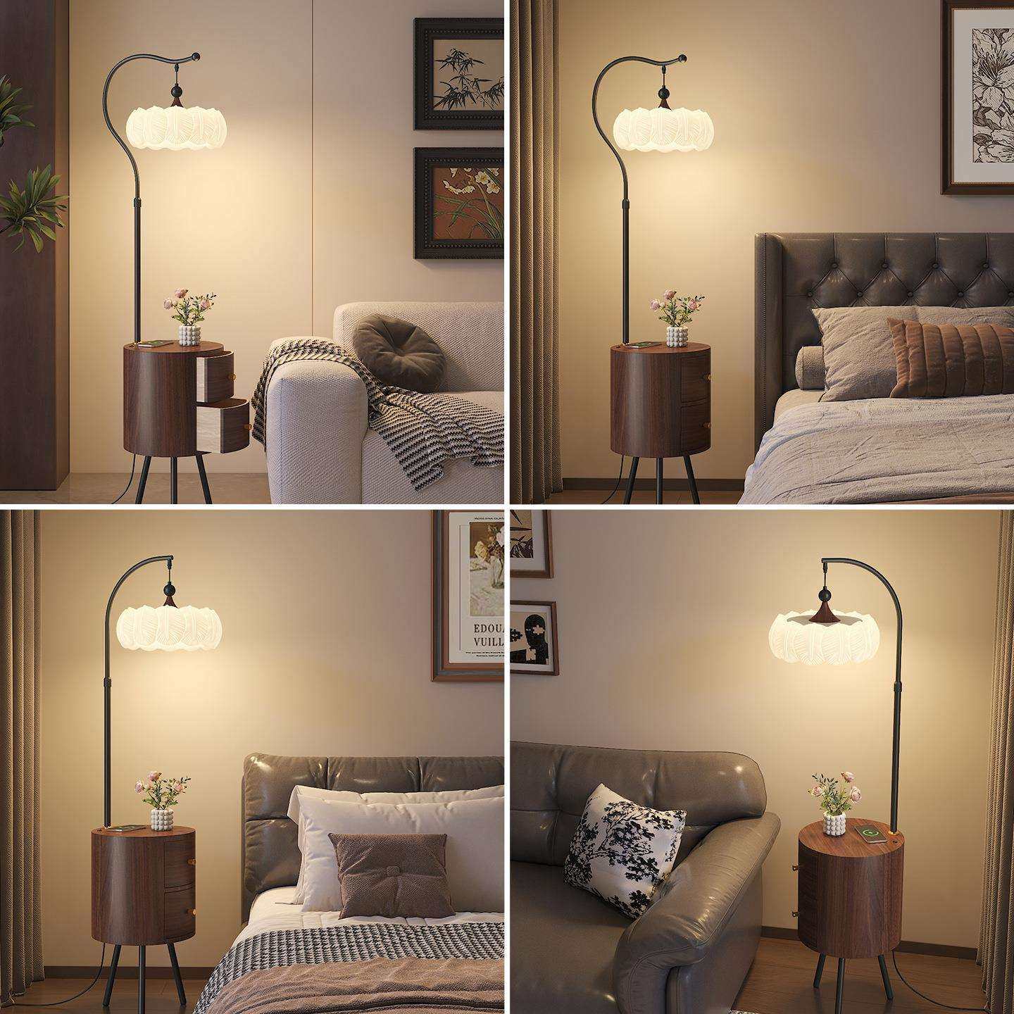 中古风落地灯法式复古胡桃木色氛围感客厅沙发旁卧室床头柜一体灯