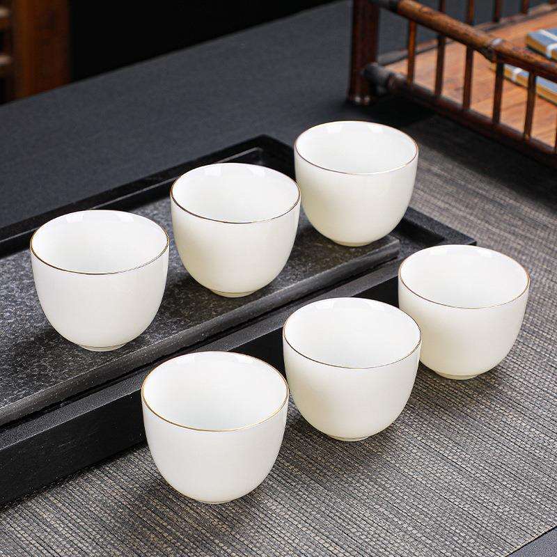 羊脂白玉瓷品茗杯手工描金茶碗主人单杯6个装家用功夫小茶杯简约