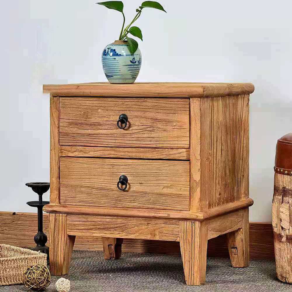 老榆木床头柜床边储物柜简约现代卧室家具实木储藏柜新中式家具
