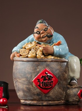 石湾陶瓷公仔工艺礼精品中式家居门客厅招财装饰人物盘满钵满摆件