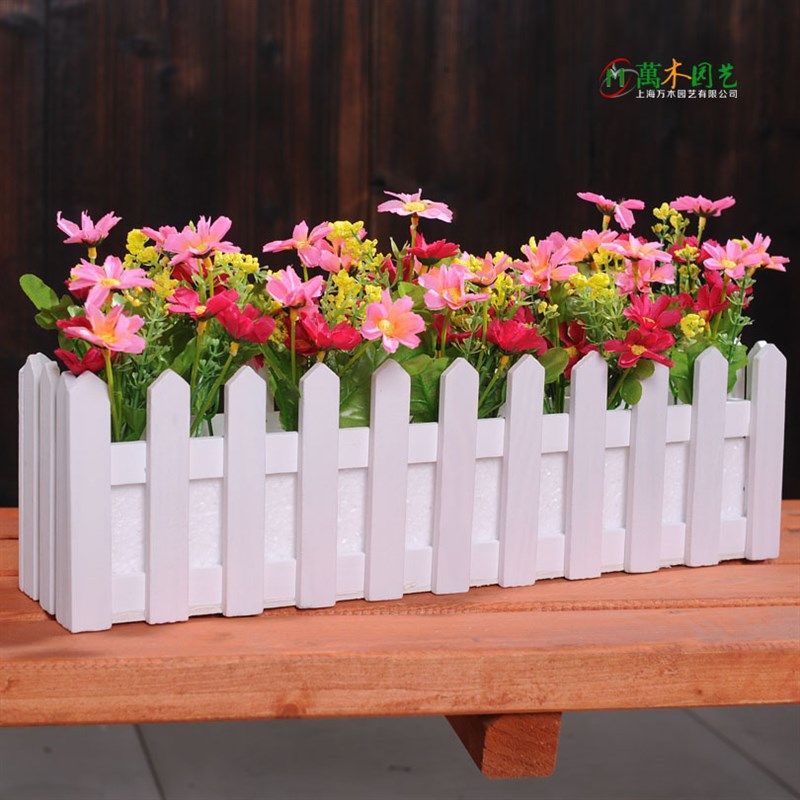栅栏花盆白色仿真花阳台栏杆花架长方形假花壁挂花槽插花拍摄道具