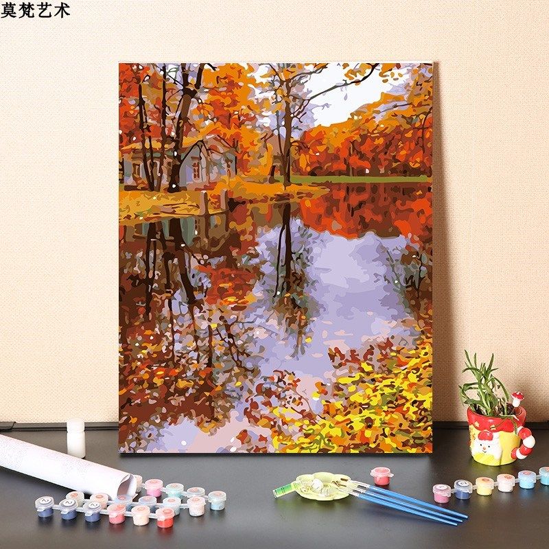 数字油画diy手工填充丹枫迎秋野外秋天风景画手绘涂色丙烯油彩画