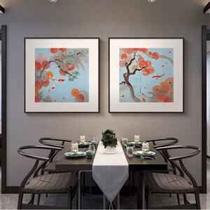 寓意好饭厅的装饰画餐厅画柿事如意新款中式壁画方形锦鲤玄关挂画