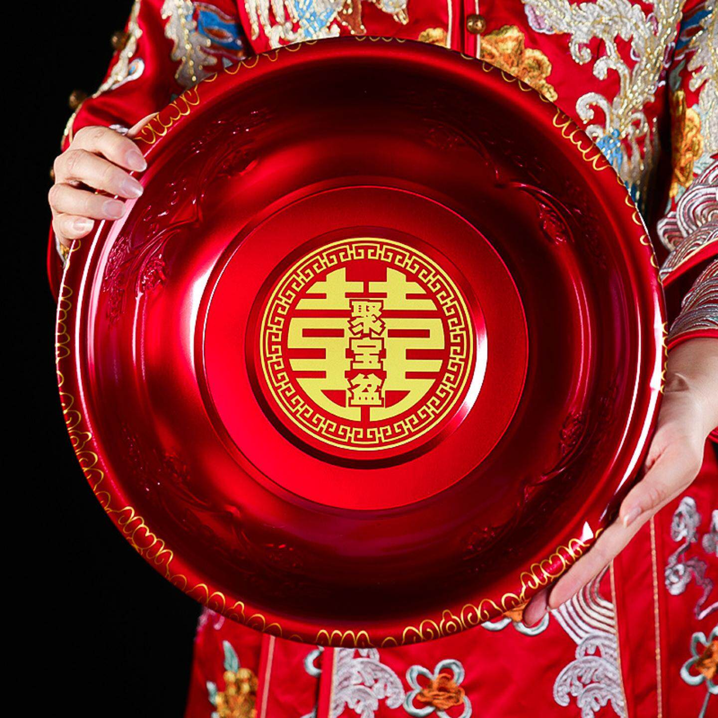 结婚喜盆女方陪嫁洗脸盆婚礼新娘嫁妆一对红盆子套装婚庆用品大全