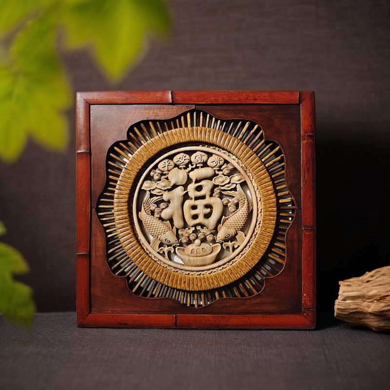 仿古做旧风格竹编工艺品挂件香樟木木雕挂画玄关过道装饰画手工
