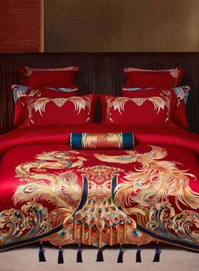 婚庆结婚红色四件套轻奢180长绒棉纯棉被套婚嫁婚房喜被床上用品