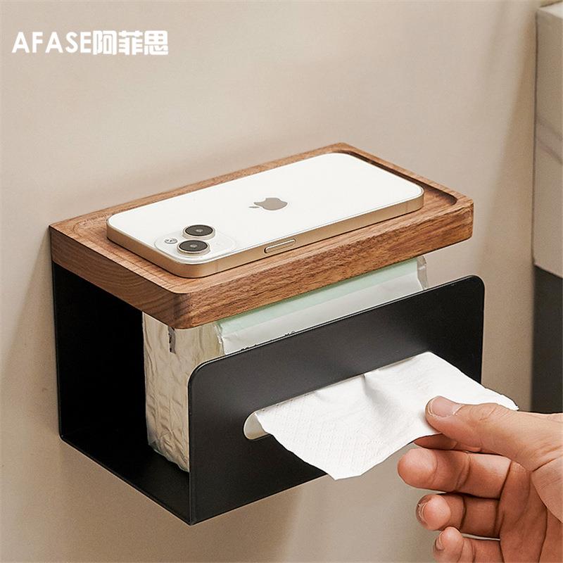 黑胡桃木抽纸盒壁挂厕纸架免打孔置物架工厂卫生间厕所纸巾架