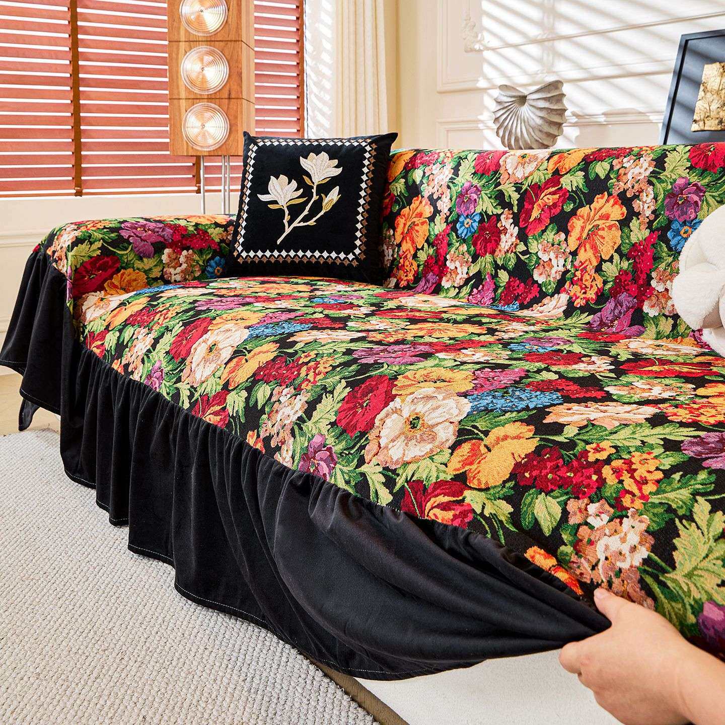 碎花沙发盖布沙发巾棉麻裙摆沙发套流苏盖巾田园风四季通用沙发罩