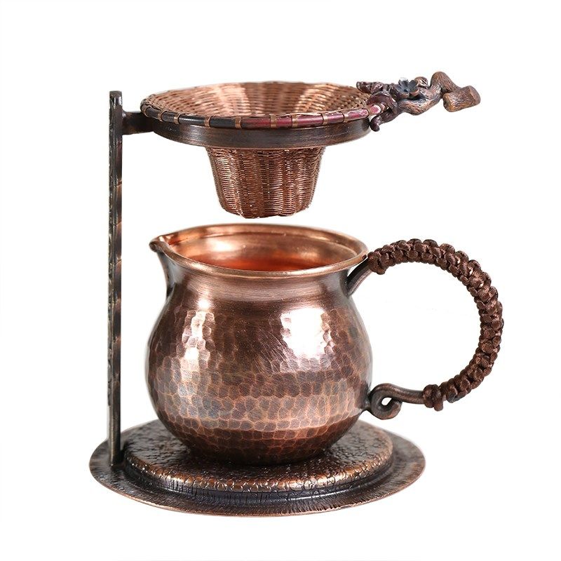 紫铜道漏网过滤架公茶杯茶滤支架茶漏泡茶托架零配件手工锤纹套装