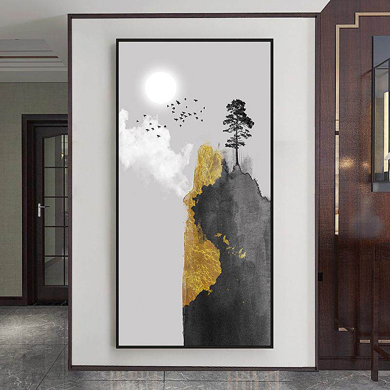 青山依旧新中式玄关装饰画黑白禅意山水过道挂画走道尽头竖版壁画