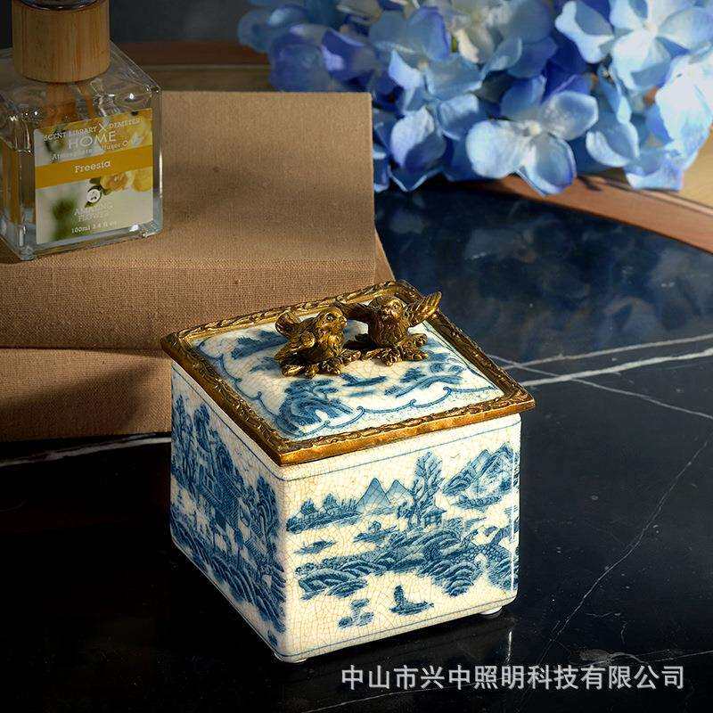 欧式陶瓷镶铜小四方盒装饰盒古典客厅收纳盒摆设桌面饰品盒