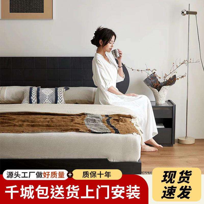 中古风全实木床双人床主卧大床小户型齐边矮床法式复古风卧室家具