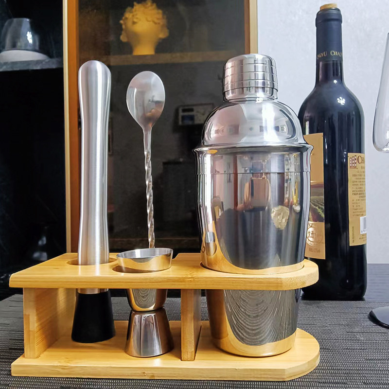 调酒器套装304玻璃壶鸡尾酒调酒器手打柠檬茶工具5件套含木架