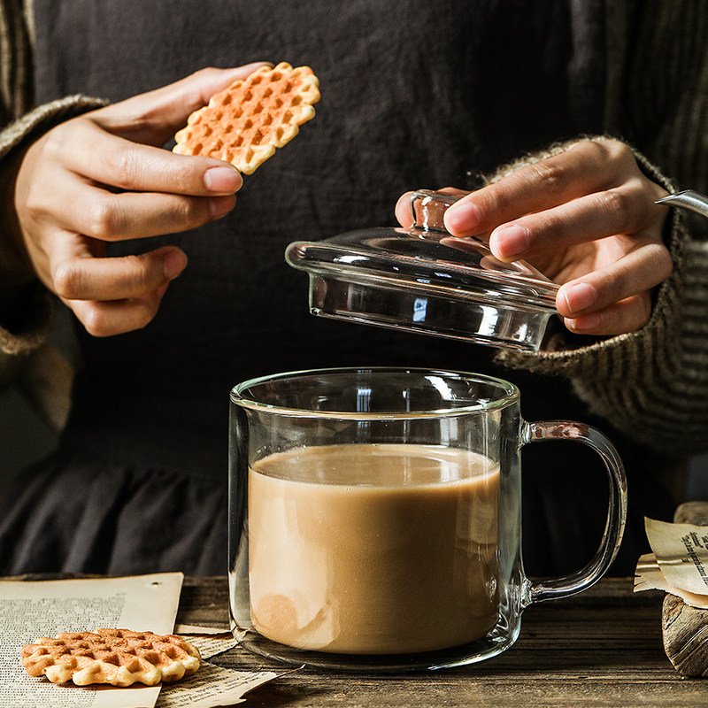 家用高硼硅耐热玻璃水杯带把手大口径杯子茶杯带盖勺子咖啡杯防烫