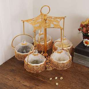 欧式轻奢精美果盘家用金属水果盘五格伞型干果盒分格带盖糖果干果