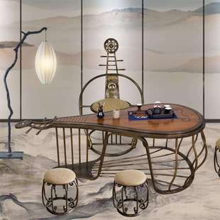 新中式茶桌实木铁艺琵琶复古桌子古风茶桌椅组合禅意茶台阳台茶几
