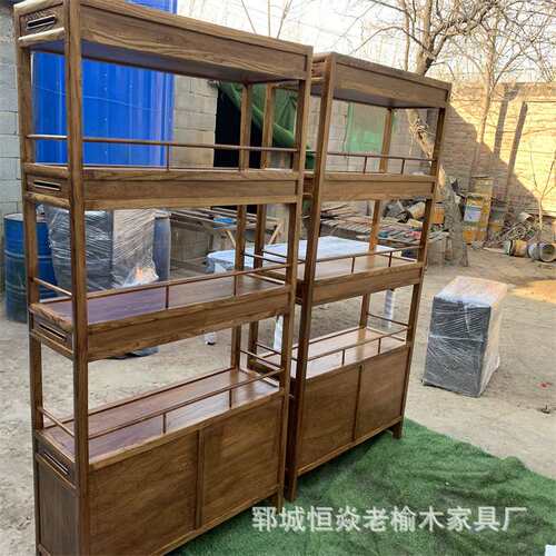 复古老榆木博古架靠墙置物架客厅茶具储物架新中式格子架展示架