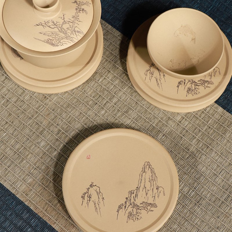 云南建水紫陶壶承白泥壶杯垫摆件迷你干泡台盖碗茶承非紫砂青花