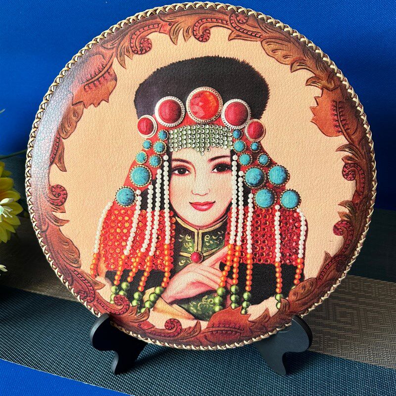 内蒙古特色工艺品圆形摆台皮画桌面摆件蒙古包民族元素装饰礼品画