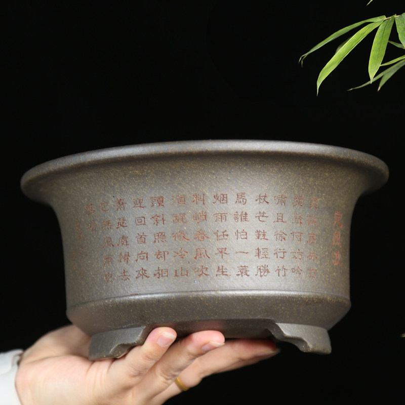 神力紫砂盆景盆圆形多肉精品花盆室内绿植兰花盆天青泥紫砂花盆