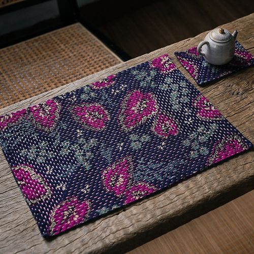 钟声刺绣 纯手工缝制 叶落归根密密缝茶席茶垫 中式家居置物垫