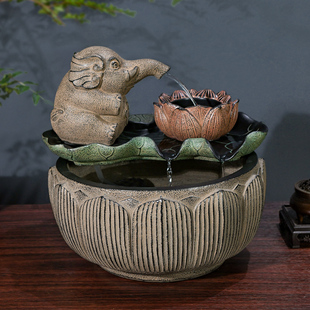 办公室装饰大象吐水流水生财摆件循环水茶室布置鱼池茶桌水系景观