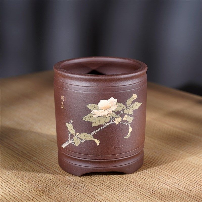 高档精品手工彩色泥绘白玉兰原矿宜兴紫泥高口签筒兰花盆景盆双色