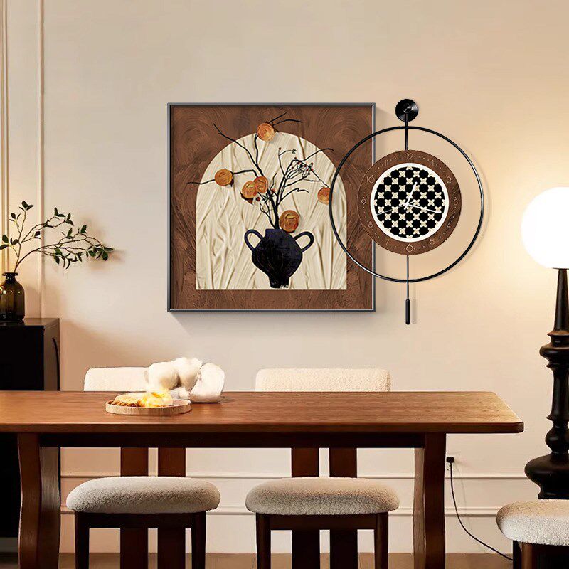 餐厅饭厅静音挂钟装饰画中古风背景墙壁画客厅带时钟表挂画高级感
