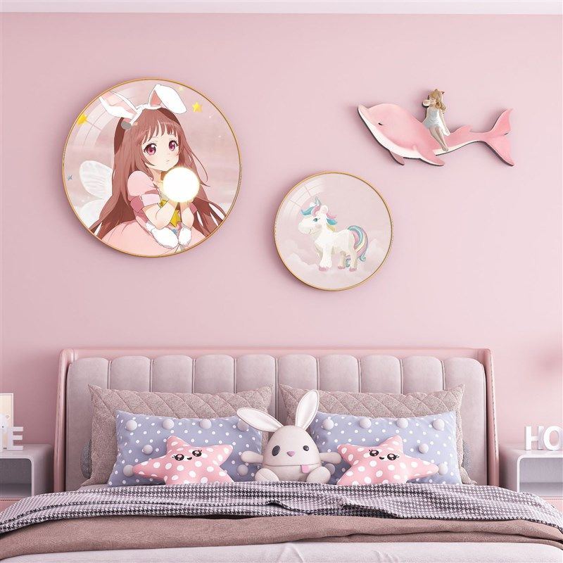 创意儿童房卧室牀头装卡通饰画圆形挂画粉色女孩房间布置墙面壁画,家居饰品,现代装饰画,淘宝优惠券,粉丝福利购,淘宝优惠卷