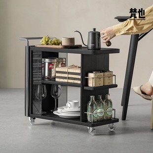 梵也家具可移动边几黑色实木茶几带轮子茶车沙发茶桌茶边柜小推车