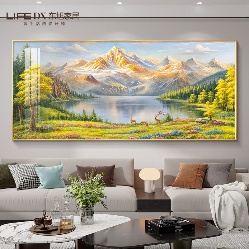 聚宝盆客厅装饰画西墙聚财山水画沙发背景墙挂画高档大气手绘油画