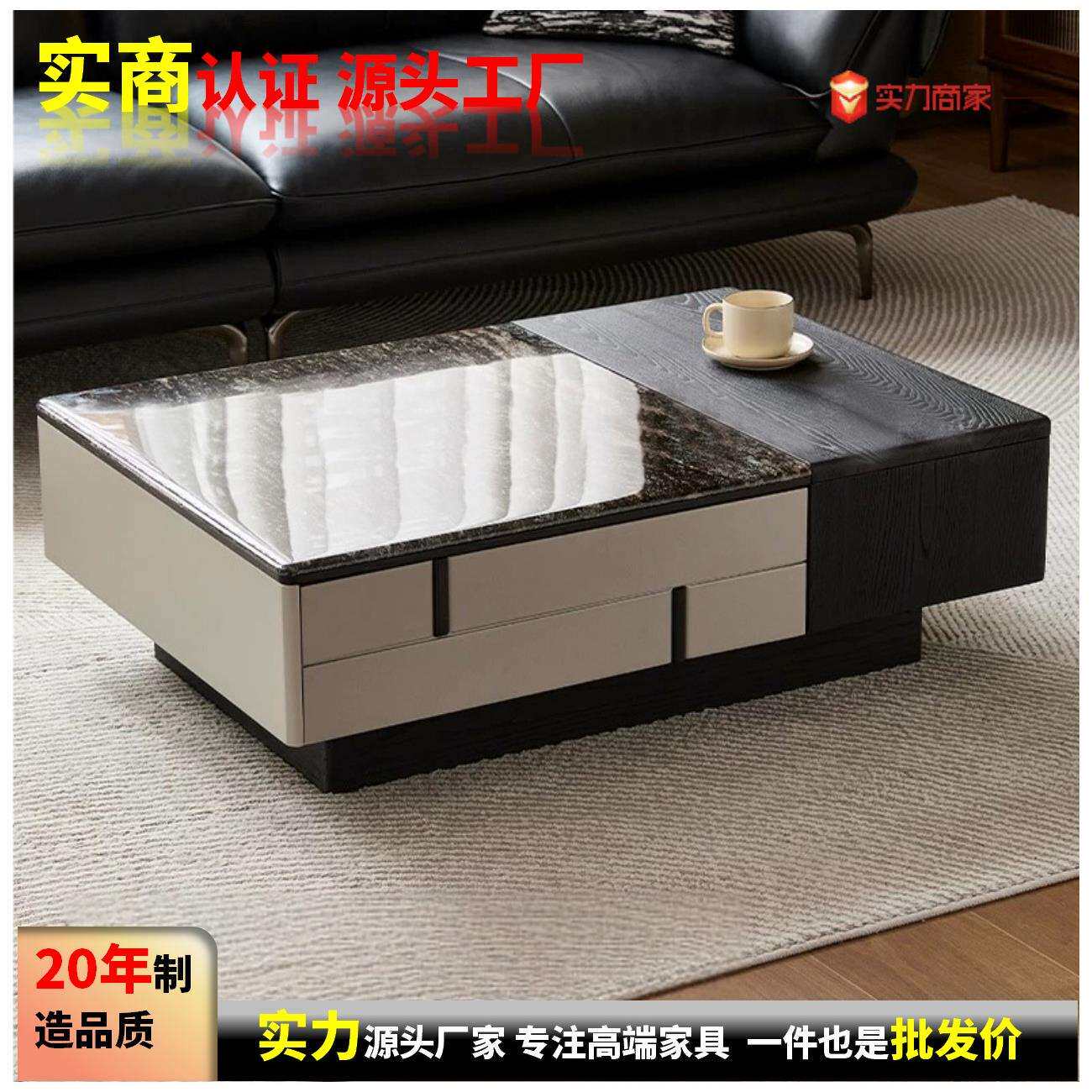 意式简约现代轻奢客厅加厚大理石面茶几餐桌收纳家具可伸缩茶几