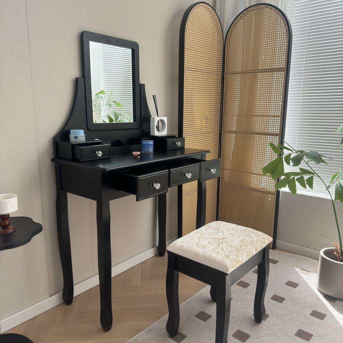 黑色中古风法式复古实木梳妆台带凳子深色梳妆台凳子卧室一体