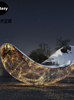 不锈钢船雕塑定制镜面水波纹小船售楼部发光镂空枫叶艺术水景摆件