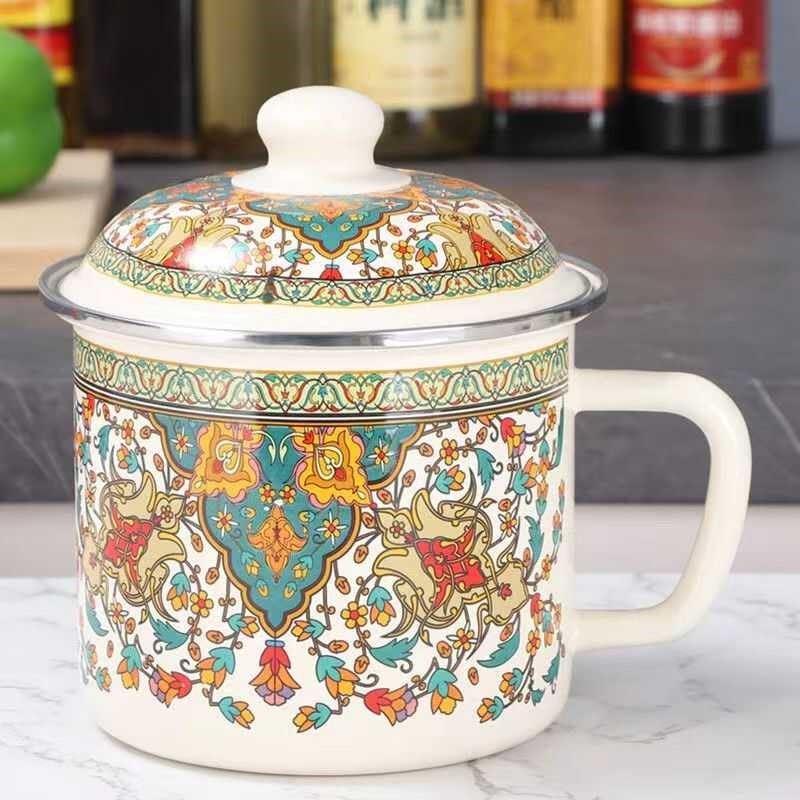 加厚大容量珐琅彩牛奶杯快餐杯大号高桶杯茶缸子泡面杯带盖凉水杯