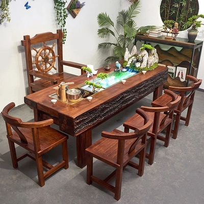 中式流水茶台茶室会客功夫茶几家用养鱼泡茶茶桌组合船木实木茶桌