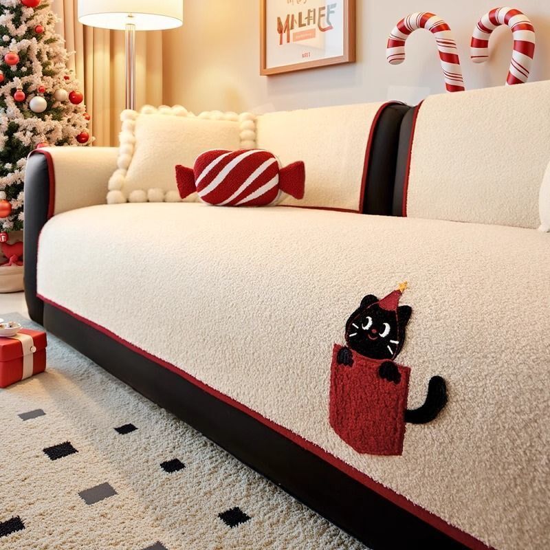 高级感泰迪绒卡通沙发垫四季通用防滑皮防猫抓沙发套罩盖布巾坐垫