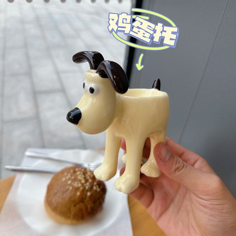 卡通超萌治愈立体小奶狗陶瓷鸡蛋托复古餐桌仪式感桌面摆件蜡烛台