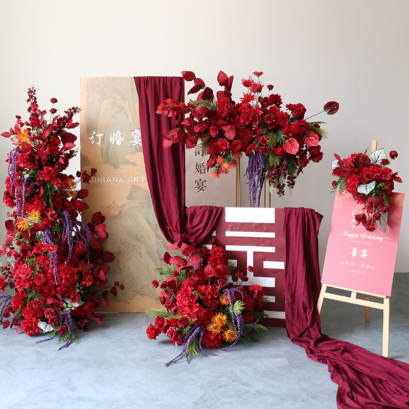 红色婚庆仿真花艺套装舞台迎宾区花卉拱门花柱水牌花架壁挂路引花