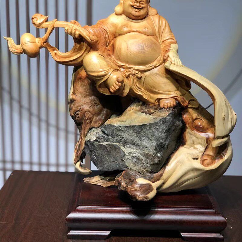 香樟桌柏木雕弥勒木雕根雕工艺品家居办公件刻玄关崖面摆雕礼品