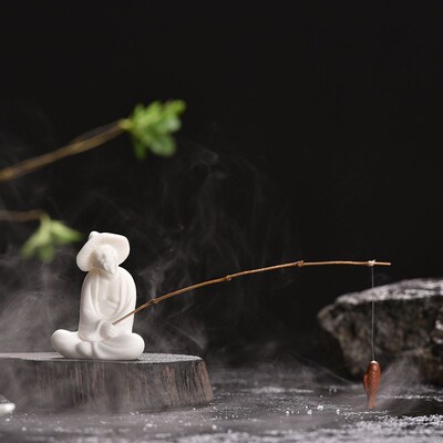 姜太公钓鱼翁老头小摆件陶瓷人物鱼缸垂钓渔翁茶具茶架装饰品造景