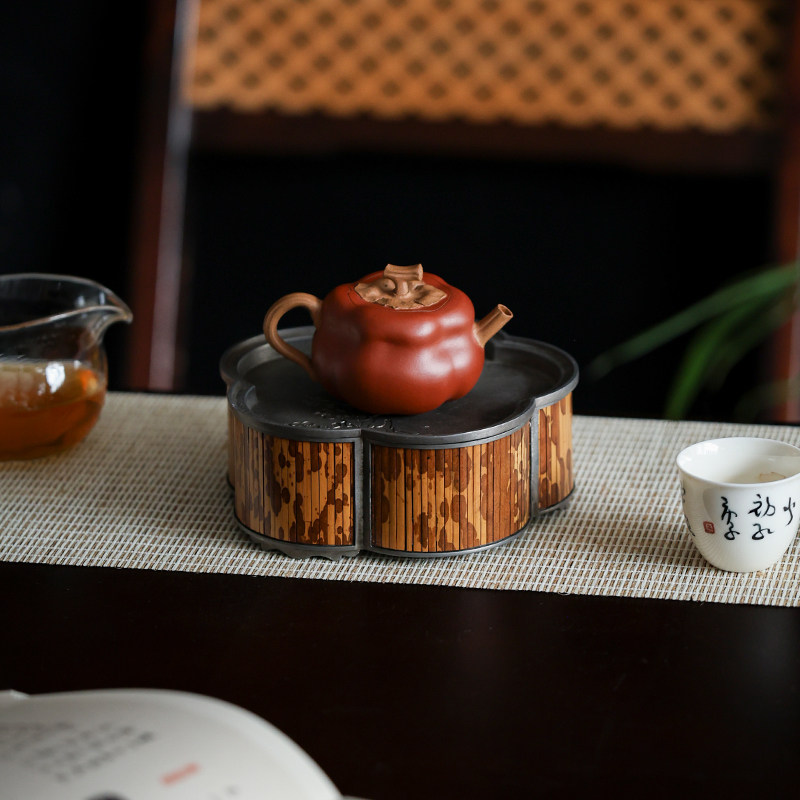 【古篱 花瓣壶承】锡包竹干泡盘功夫茶具干泡茶台金属储水茶盘