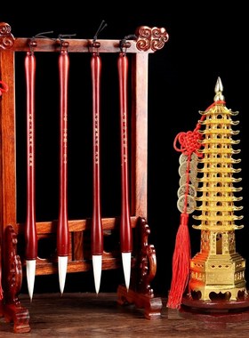 文昌毛笔4支+十三层文昌塔木质笔架学生书桌办公摆件刻诗人布局位