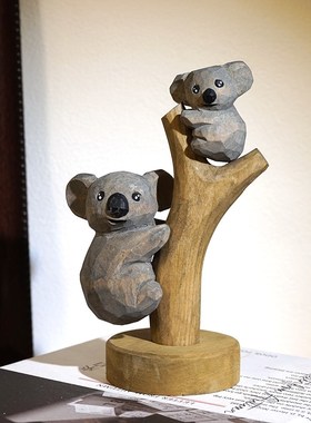 考拉母子爬上树手工木雕小摆件创意可爱桌面装饰品磁吸可拆卸