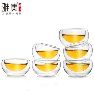 雅集圆趣\心形双层耐热玻璃品茶杯品茗杯花茶杯子功夫茶具配件6个