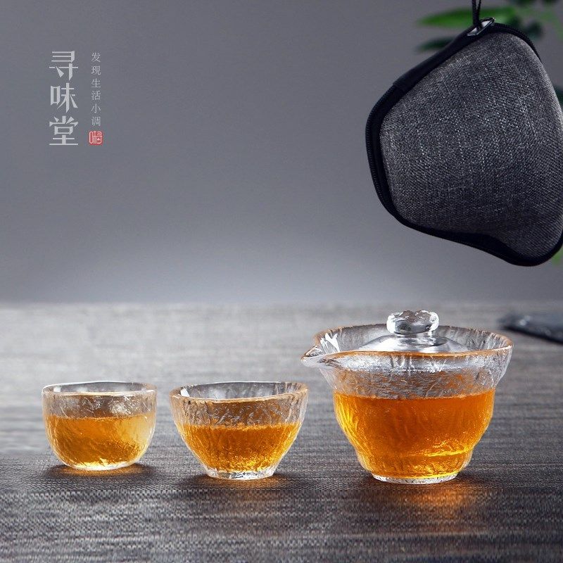 冰雕纹玻璃一壶二杯旅行茶具便携式泡茶器套装盖碗家用套组加厚