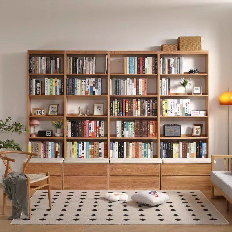 红橡木全实木满墙组合书柜带卡座落地组合展示柜