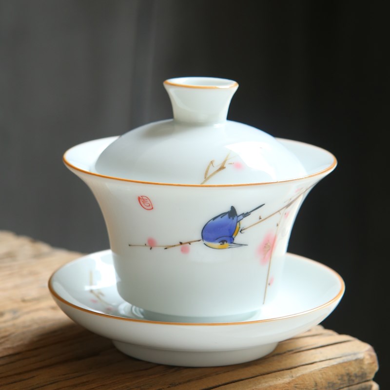 盖碗手绘青花瓷三才杯纯手工功夫茶具大号敬茶碗泡茶器陶瓷釉下彩
